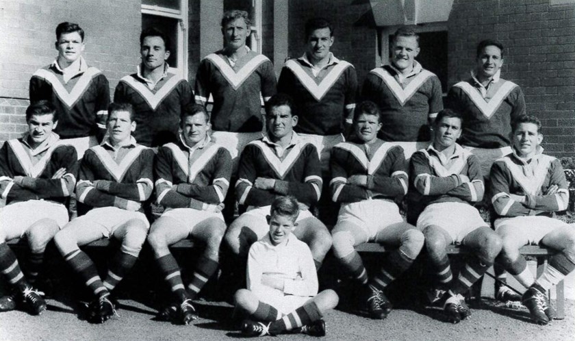 Grand Finalists: The 1960 team was the first Easts side in over fifteen years to reach a Grand Final. Back Row from left: Bob McDonagh, Brian Wright, John Andrew, Bob Landers, Dick See, Bill Roney. Seated: Ken Ashcroft, Doug Ricketson, Boyce Beeton, Jack Gibson
(Captain), Bob Heffernan, Bill McNamara, Bruce Rainier. Ball Boy: Michael Hickman.