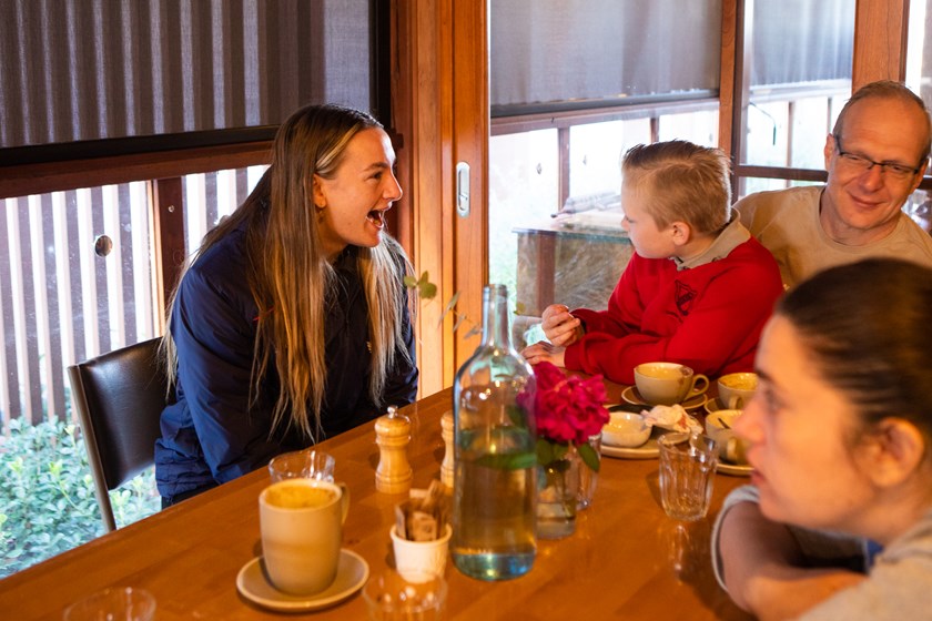 Brydie Parker meets with a charity group while on the Steggles Regional Roadshow in Griffith.