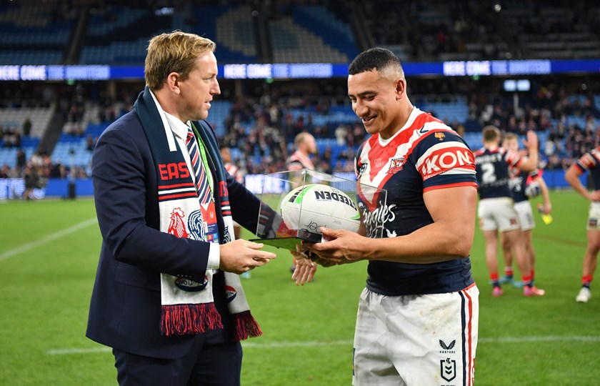 Thankyou, Siua: Club Legend and former teammate Mitchell Aubusson hands Siosiua Taukeiaho a match ball from the Round 25 contest at Allianz Stadium, Taukeiaho's final home game for the Roosters.