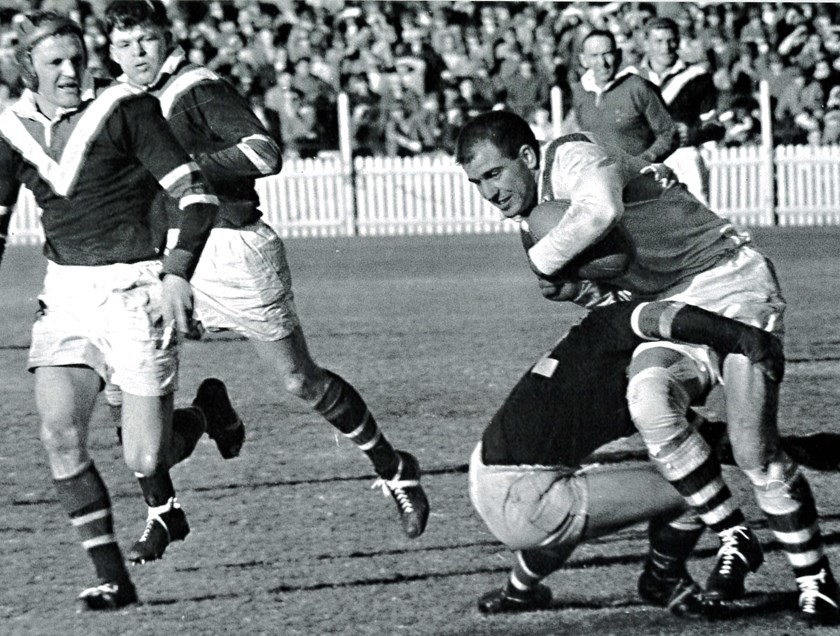 Big Hits: A memorable 12-5 victory in 1961 against the formidable St George side. Doug Ricketson tackles front rower Monty Porter at the SCG, with teammates Dick See (headgear) and Bob McDonagh keeping an eye on their centre.