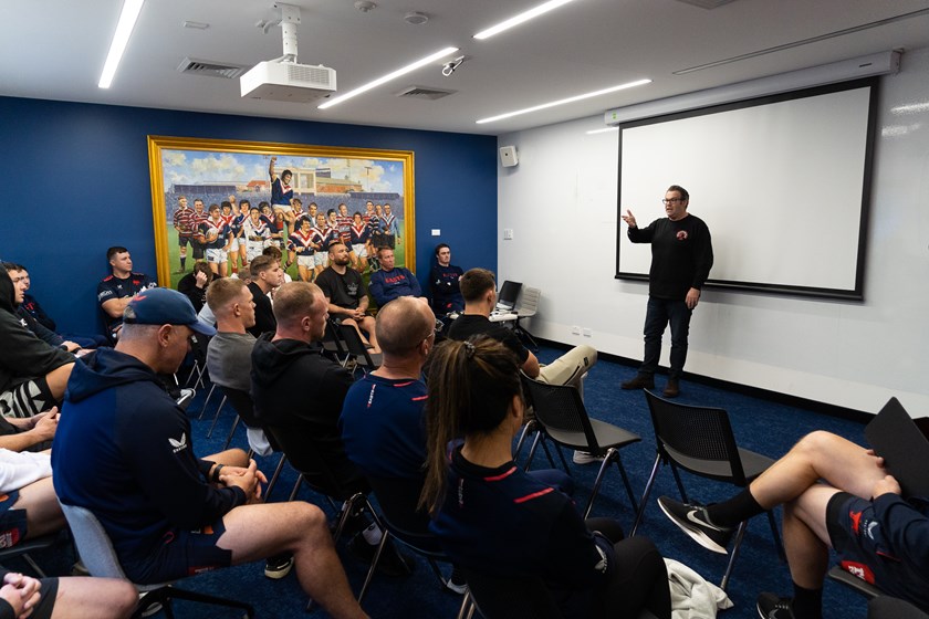 Important Discussions: Gotcha4Life Founder and Roosters fanatic Gus Worland addressed the squad on Sunday afternoon about his foundation and their great cause.