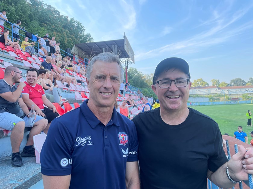 Roosters GM of football Craig Walker at the Euro U19s with ex-NRL star Jason Death, whose son Phoenix played for Ukraine.