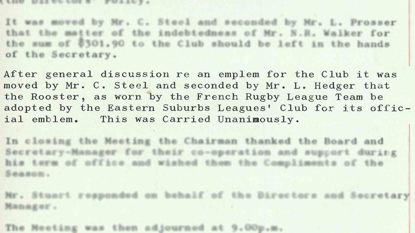 In Writing: This 'Minutes of Board Meetings of Eastern Suburbs Leagues Club' excerpt from November 20, 1966, states the Club's decision to adopt the Rooster as the official logo.