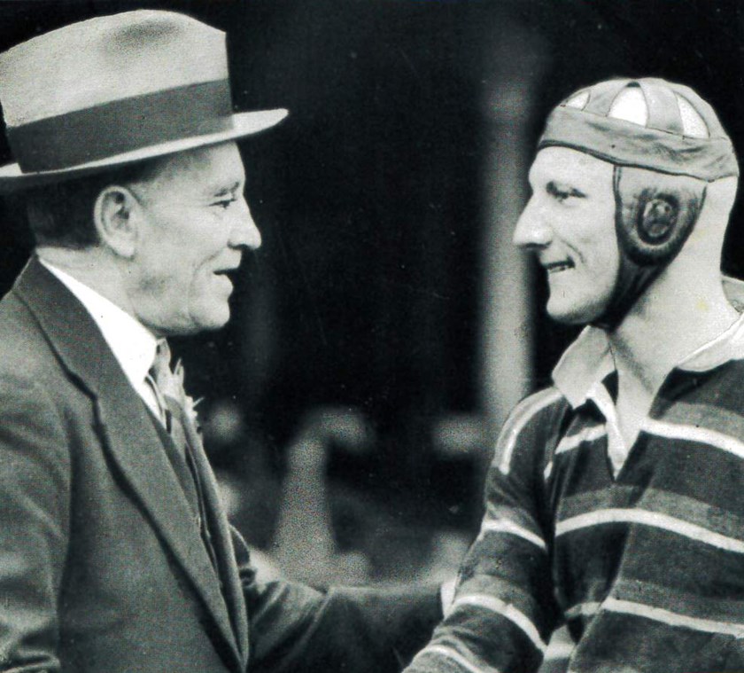 One Legend to Another: Dally Messenger congratulates Dave Brown on breaking his point-scoring record in the final round of the 1935 season.