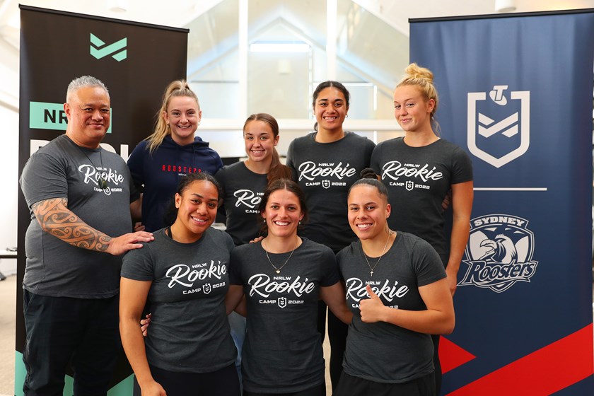 New Roosters on the Block: (back row from left to right): Club Wellbeing & Education Manager Damon Spooner, Brydie Parker, Jada Taylor, Otesa Pule and Jasmin Strange. (front row): Pani Hopoate, Shannon Rose and Angelina Teakaraanga-Katoa.