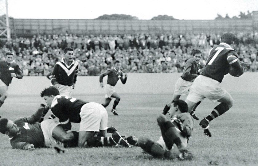Runaway: Doug Ricketson (number seventeen) streaks away against Souths at the SCG in the early 1960s. Easts took out the match 22-7, with Ricketson scoring a try.
