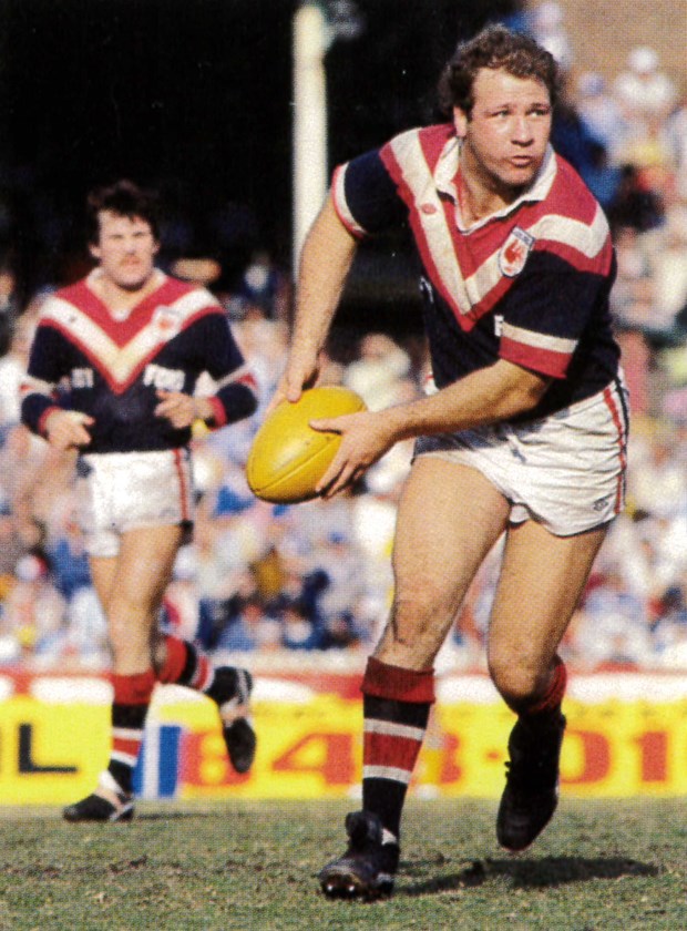 Tough: Front rower Royce Ayliffe looks to spread the ball before the line. He captained the Roosters to the 1980 Grand Final.