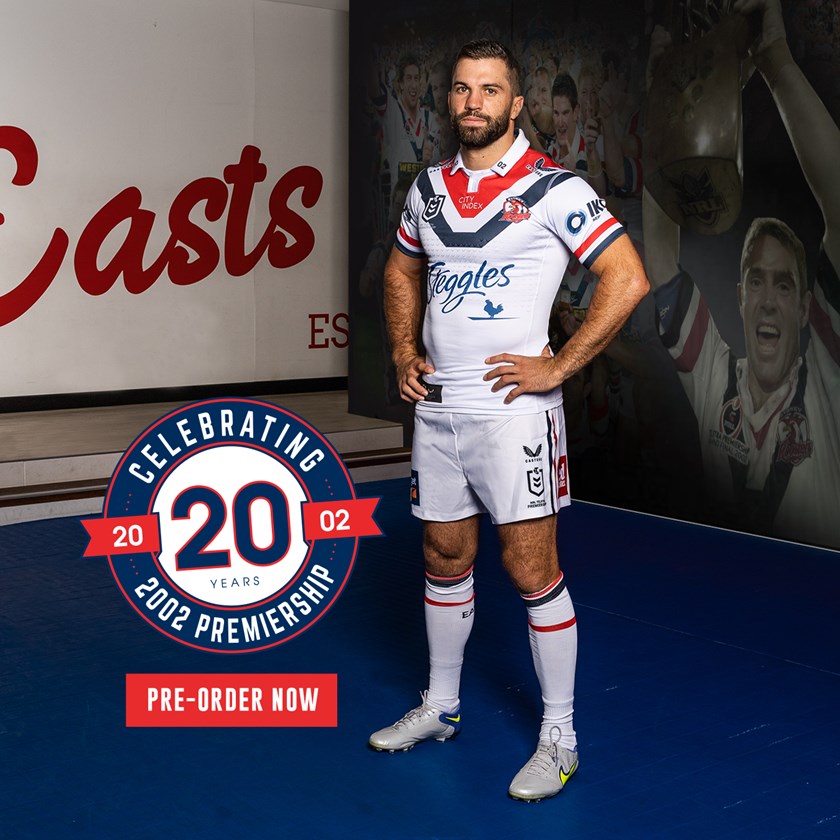 Celebrating 20 Years: James Tedesco will lead the Roosters out on Sunday afternoon in an all-white kit highlighted by the collared 2022 Heritage Jersey.