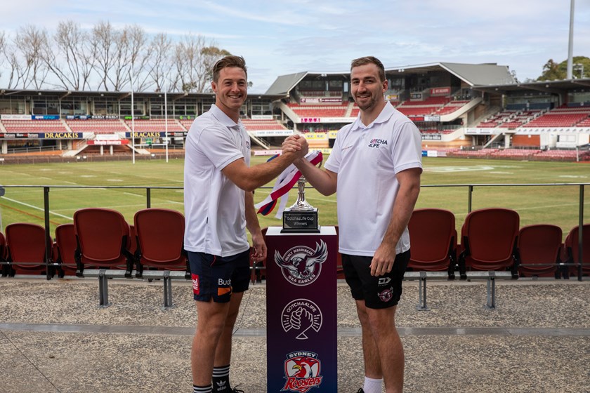 Greater Cause: Sam Verrills, a proud Gotcha4Life ambassador was on hand for the official Gotcha4Life Cup announcement at Brookvale Oval with Sea Eagles hooker Lachlan Croker.